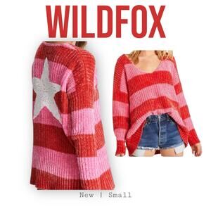 NWT Wildfox Heavy Chenille Red Pink Striped Oversized V-neck Knit Sweater Size S
